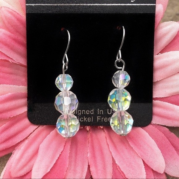 🍀 3 AB Iridescent Glass Bead Dangle Earrings - Picture 1 of 2